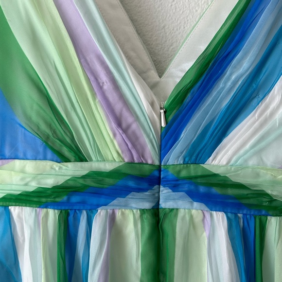 MAC DUGGAL | blue green multicolor stripe plunge maxi gown 4 - Picture 10 of 14